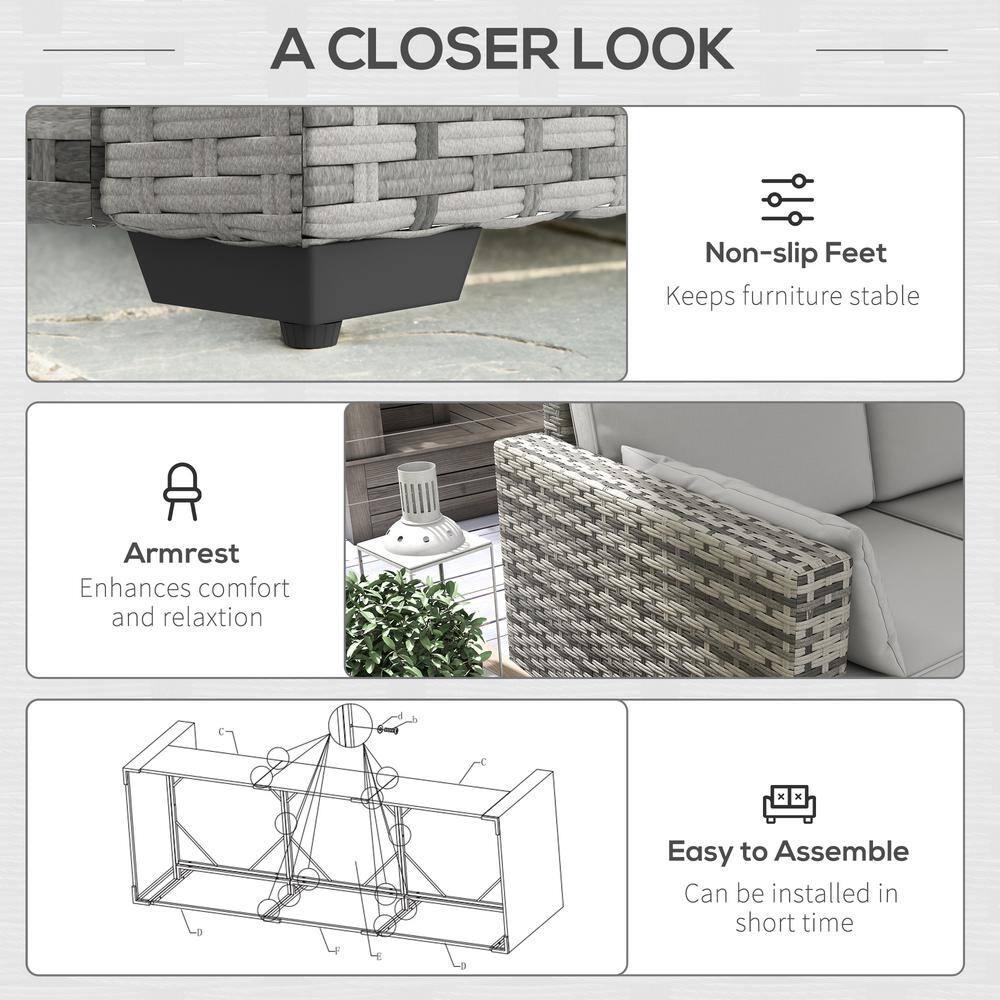 Outsunny Wicker Patio Couch, PE Rattan 3-Seat Sofa, Outdoor Furniture with Deep Seating, Cushions, Steel Frame, Gray