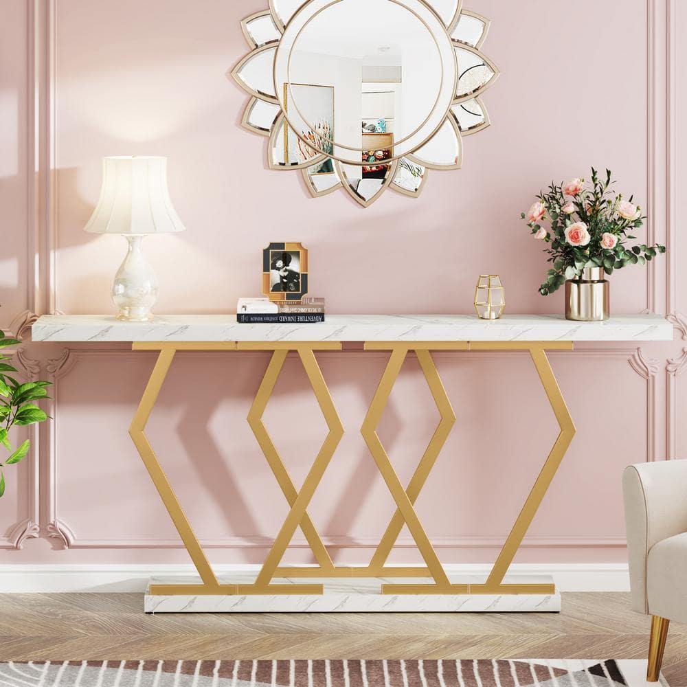 Tribesigns 70.9 Inch Extra Long Sofa Table, Modern Console Table with Faux Marble Tabletop, Long Entryway Table for Entrance, Gold and White