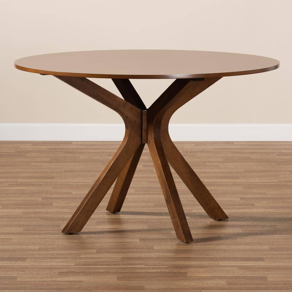 48" Kenji Wide Round Wood Dining Table Walnut - Baxton Studio: Mid-Century Modern, Seats 6, MDF Composite