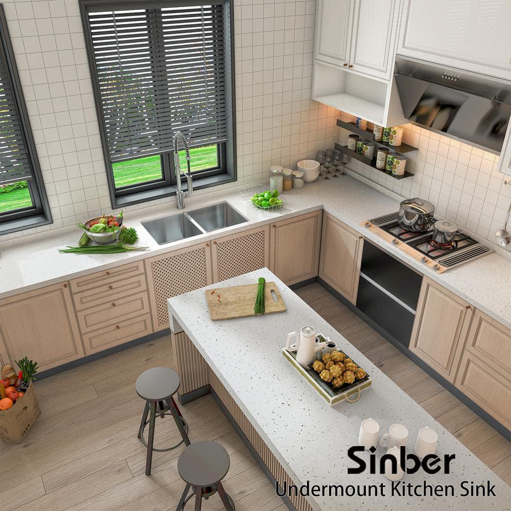 Sinber 32" x 19" Undermount Double Bowl Kitchen Sink with 18 Gauge 304 Stainless Steel Satin Finish