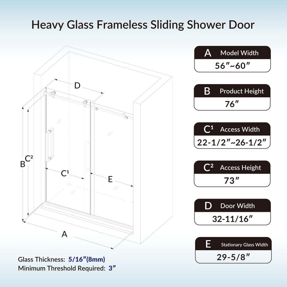 WoodBridge Semi-Frameless Single Sliding Shower Doors, 56-60" W X 76" H With 5/16" Clear Tempered Glass And Explosion-Proof Film MSDF6076-B