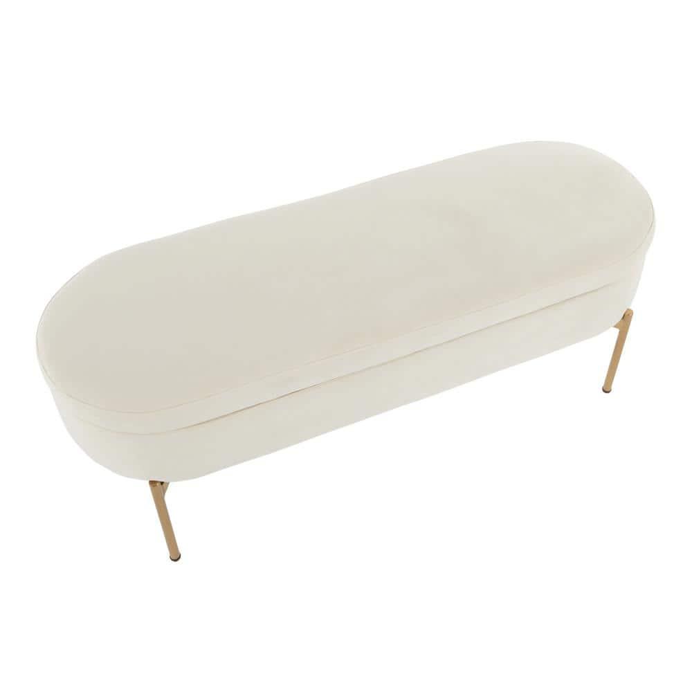 48" Chloe Contemporary Upholstered Storage Bench Gold/Cream - LumiSource: Velvet Seating, Metal Base