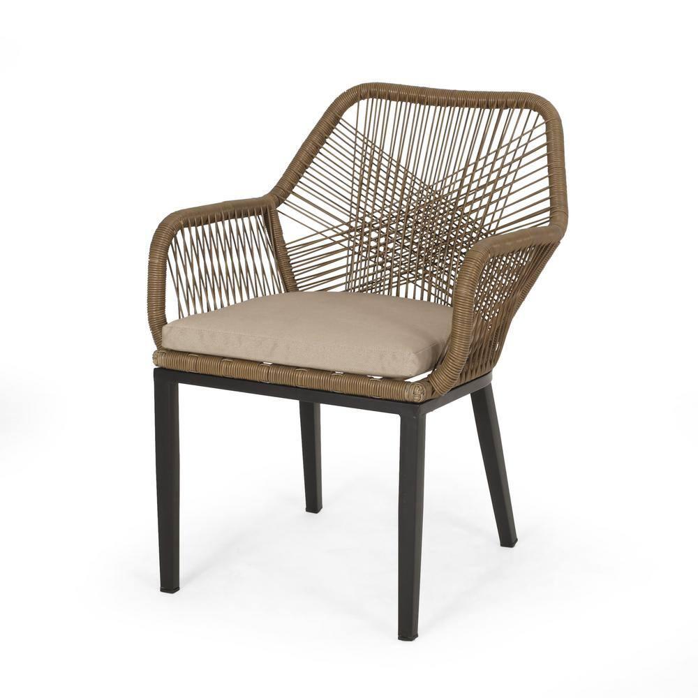 2pk Russel Outdoor Wicker Dining Chairs with Cushions Light Brown/Beige - Christopher Knight Home: Weather-Resistant Iron Frame