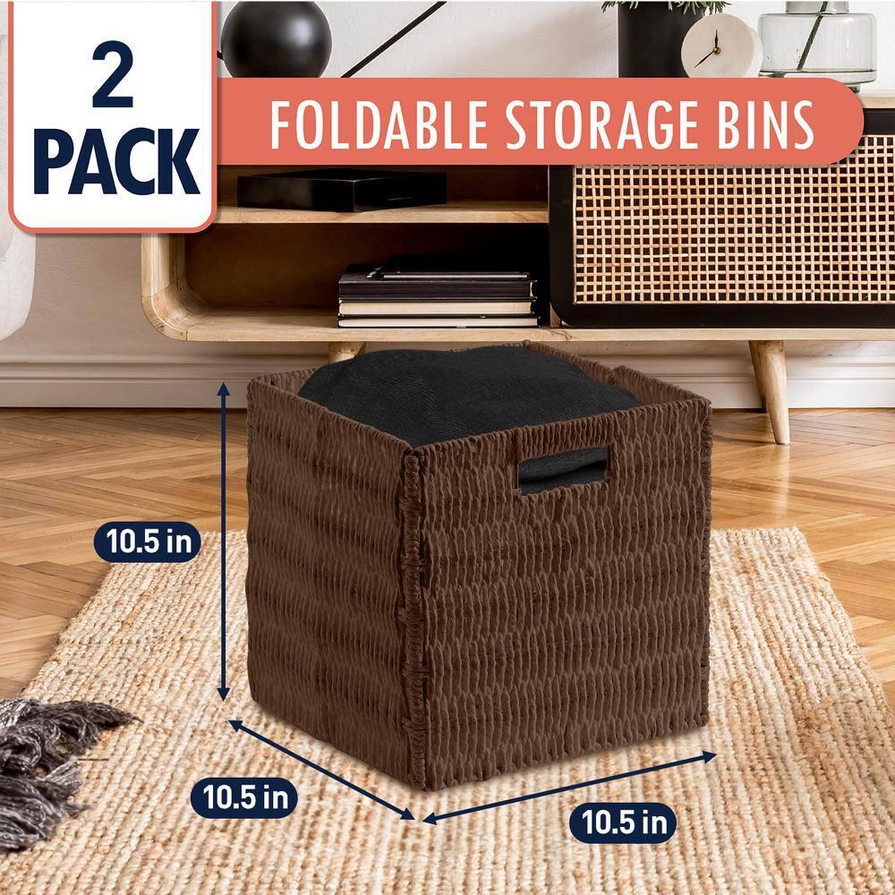 Ornavo Home Wicker Storage Cubes Bin, 10.5 Inch Storage Shelf Basket Collapsible Natural Hand Woven Paper Storage Cube Bin with Handles - Set of 2, Brown