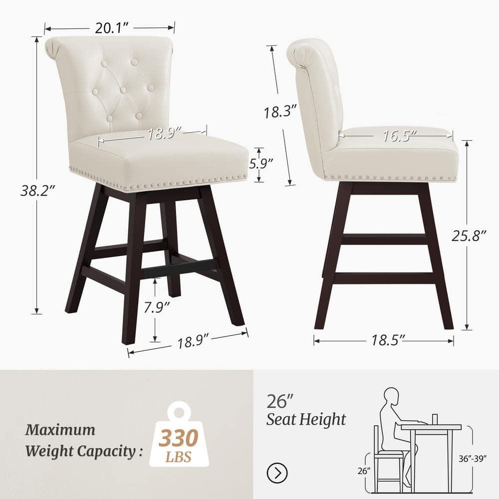 Dycanpo 26'' Swivel Bar Stools Set of 2, Upholstered Barstool with Footrest for Kitchen,White-Faux Leather