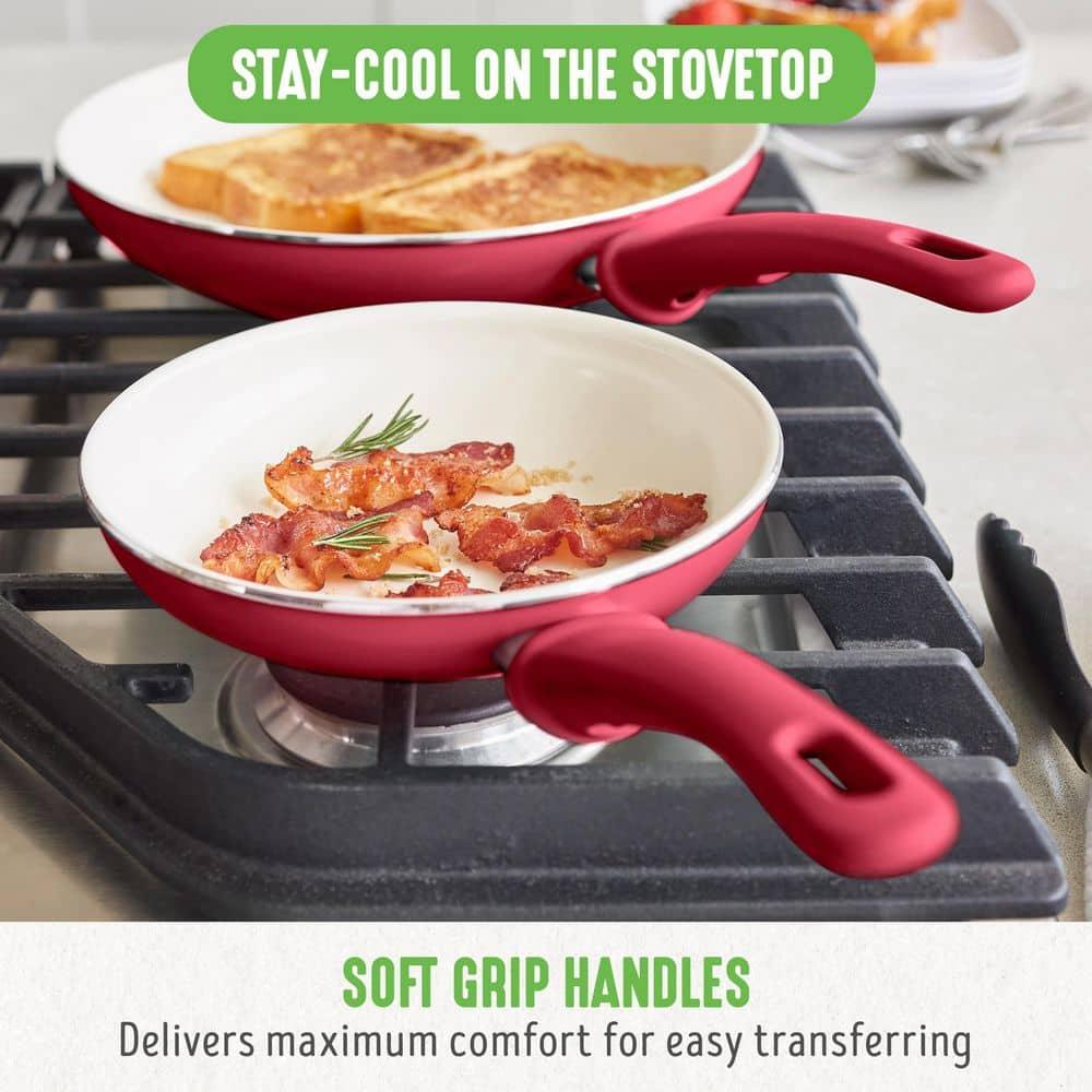 GreenLife 16 Piece Nonstick Cookware Set, Soft Grip Non-Toxic PFAS-Free Ceramic Pots & Pans, Dishwasher & Oven Safe, Frying, Sauce, Saute, Utensils, Glass Lids, Stay-Cool Handles, Wobble Free, Red