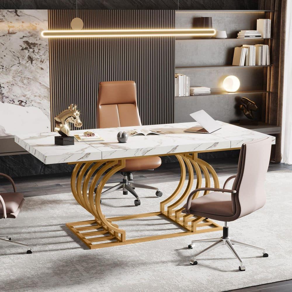 Tribesigns 63 inch Modern Office Desk, Large Executive Desk Computer Desk with Gold Metal Frame, White & Gold