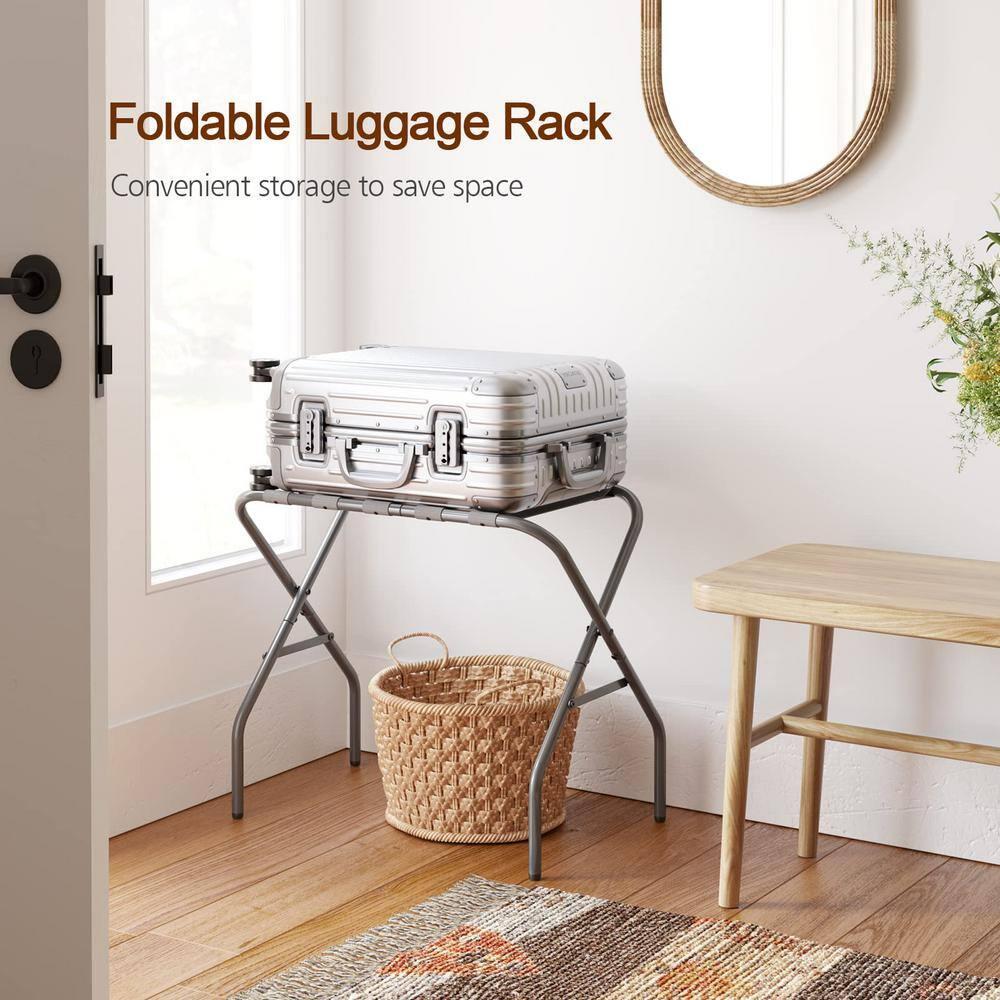 BINO 2-Pack Folding Luggage Rack Collapsible Metal Suitcase Stand With Durable Black Nylon Straps- For Bedroom, Guest Room, Or Hotel (Gray Steel)