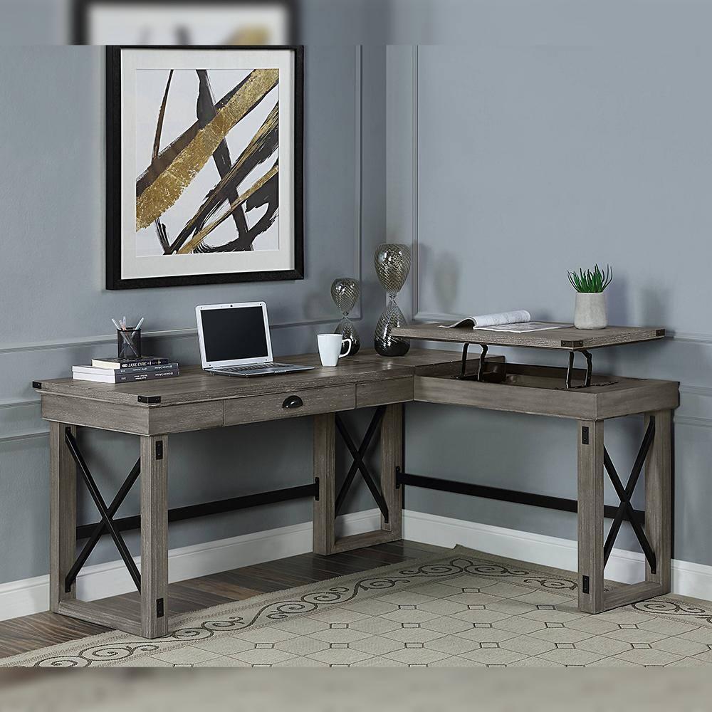 67" Talmar Writing Desk Weathered Finish Gray - Acme Furniture: L-Shaped, Lift-Top Storage, No Assembly Required