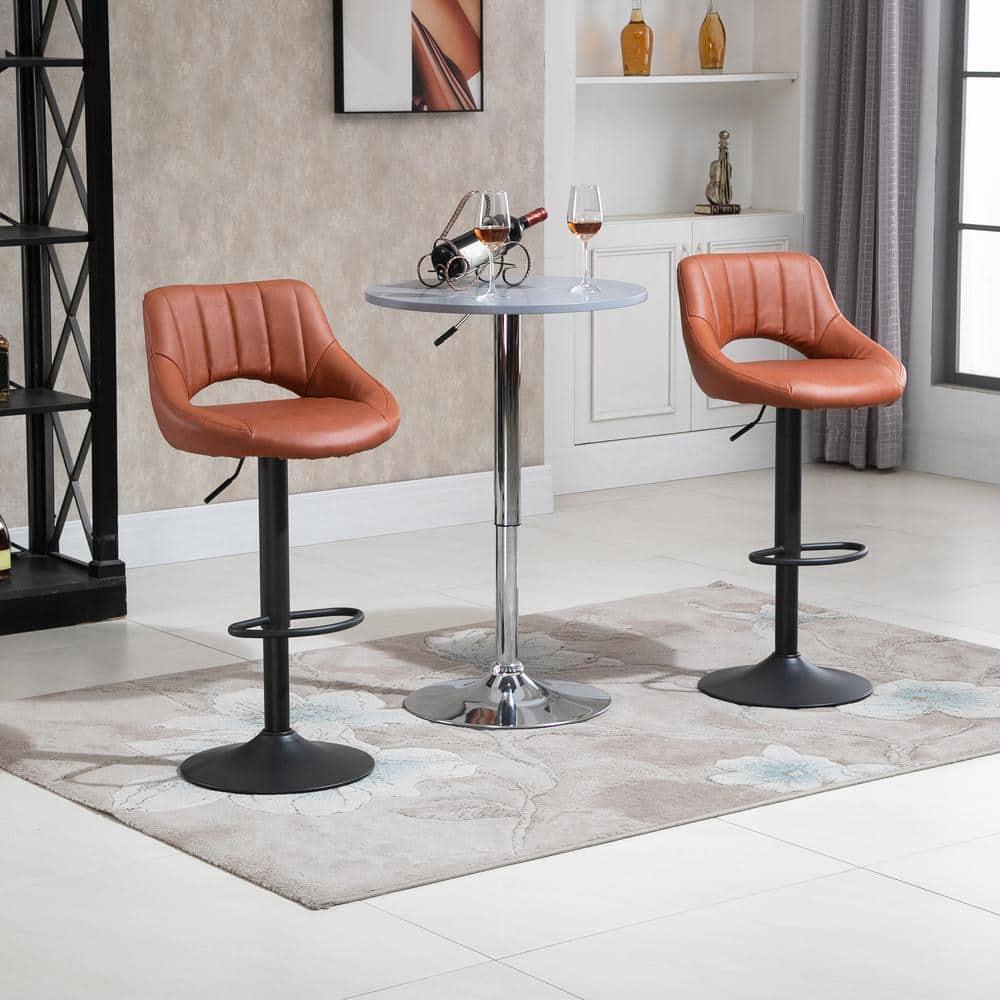 HOMCOM Modern Bar Stools Set of 2 Swivel Bar Height Barstools Chairs with Adjustable Height, Round Heavy Metal Base, and Footrest, Brown