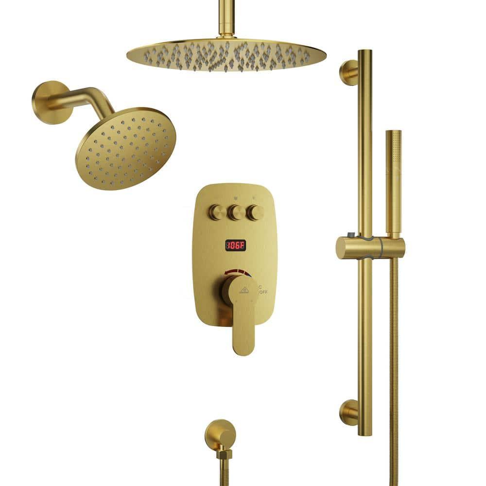 Rainfall Symphony 12inch Dual Showerhead Temperature Display Shower System with 2 in 1 Slider Bar Shower Handheld