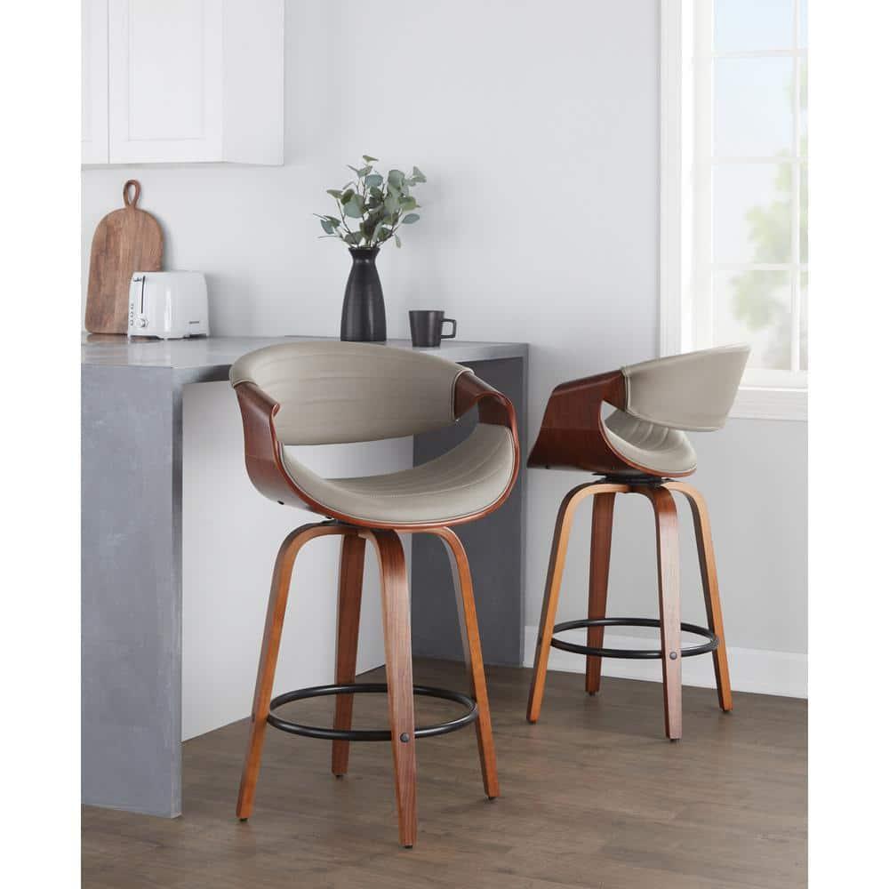 Set of 2 Symphony Upholstered Counter Height Barstools Gray/Walnut - LumiSource: Mid-Century, Faux Leather, Wood Legs