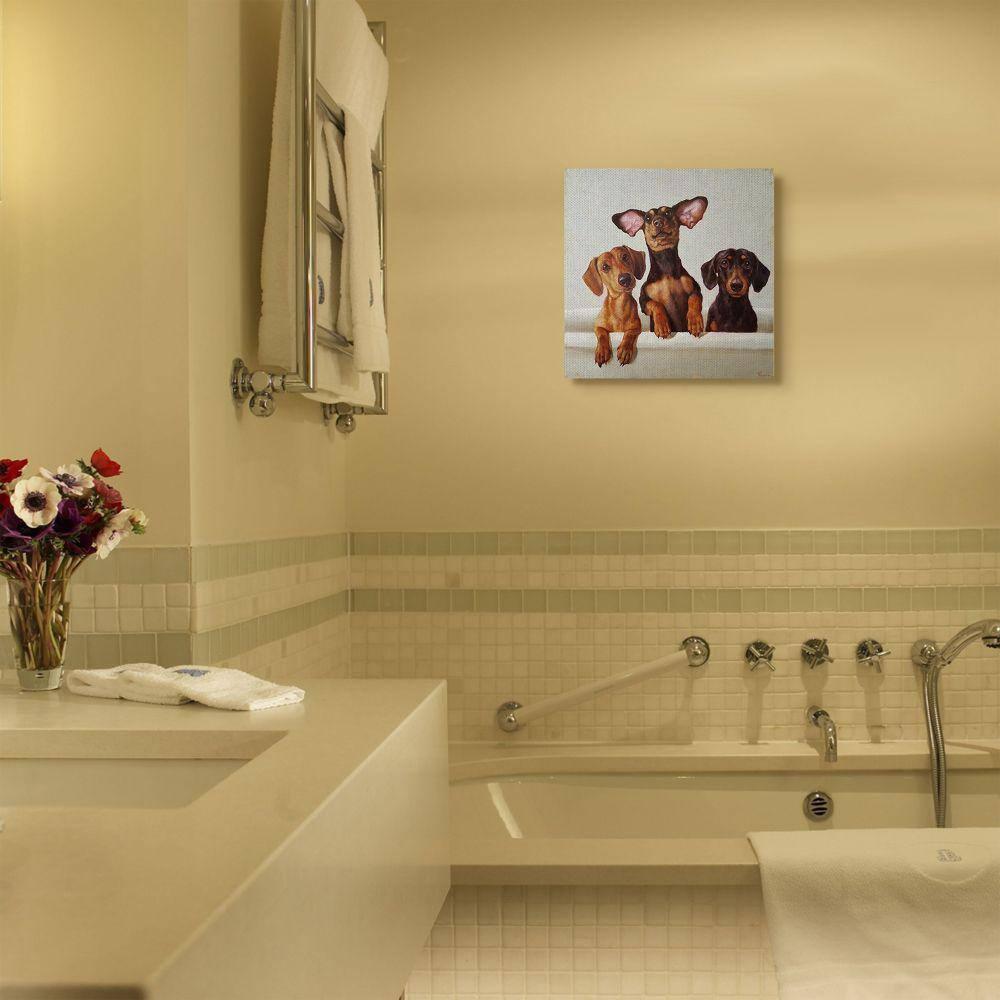 "Dachshunds in the Tub Pet Dog Bathroom Painting" by Lucia Heffernan Unframed Animal Canvas Wall Art Print 17 in x 17 in