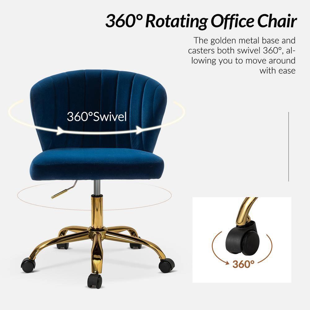 Navy Velvet Swivel Office Chair with Gold Legs, Adjustable Height Rolling Desk Chair for Vanity