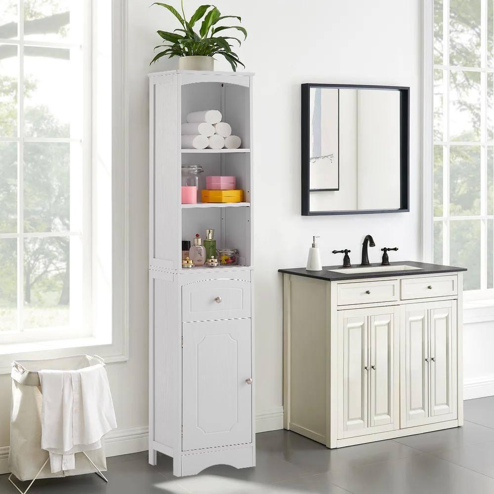 Kahomvis Wooden Freestanding Tall Bathroom Storage Linen Cabinet White