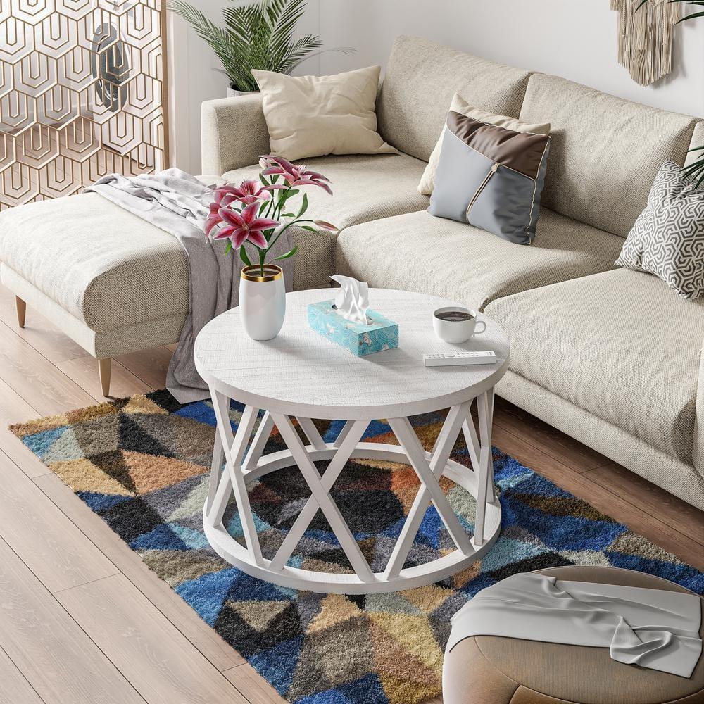 Antique White Round Wood Coffee Table with X-Motifs