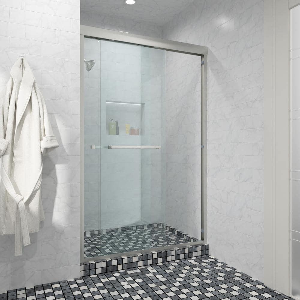 COUOKO 48" W X 76"H Semi-Frameless Shower Door Bypass Sliding Shower Enclosure, Brushed Nickel RD-CUK6A22-48SS