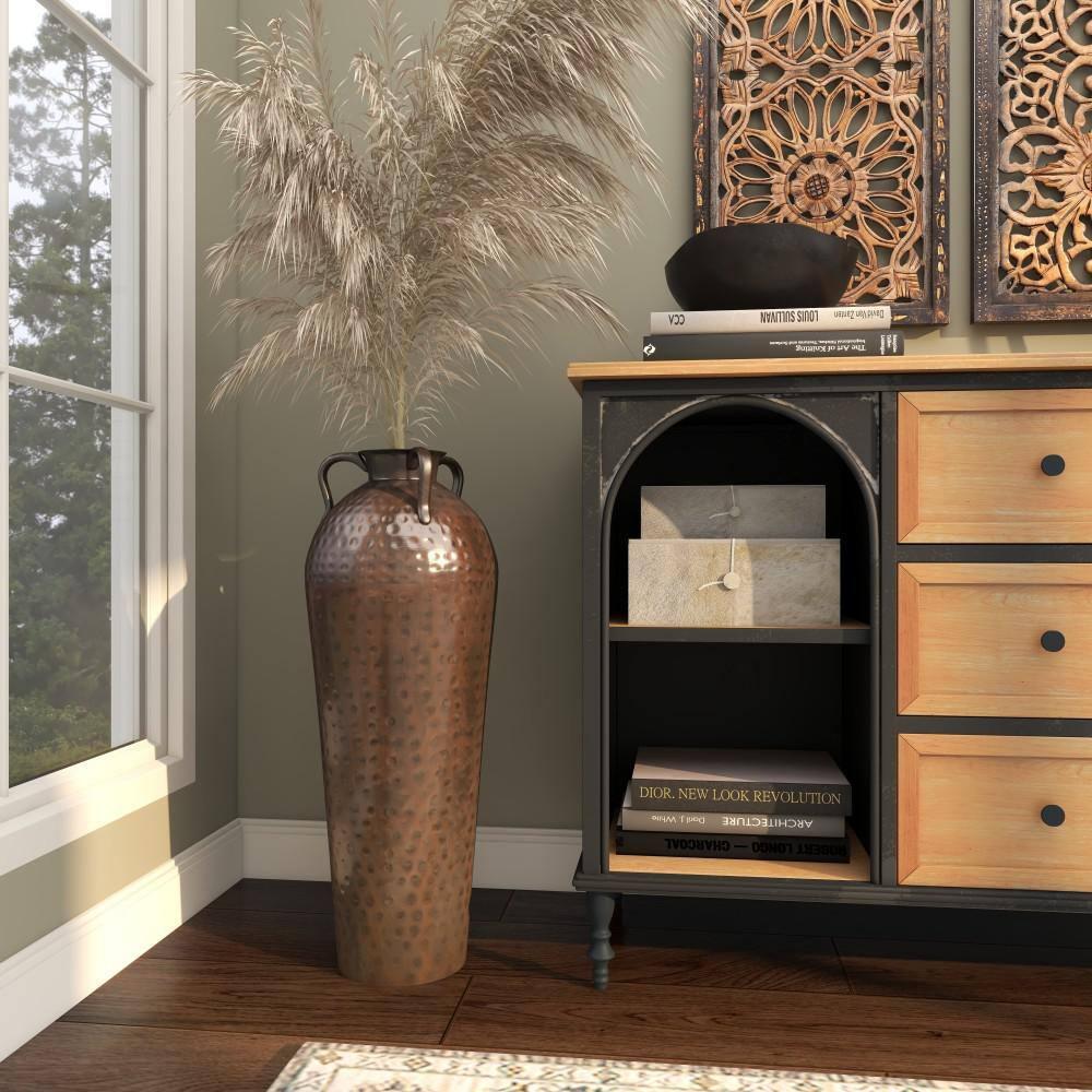 DecMode 28" Tall Floor Mediterranean Style Brown Metal Vase with Hammered Details and Handles