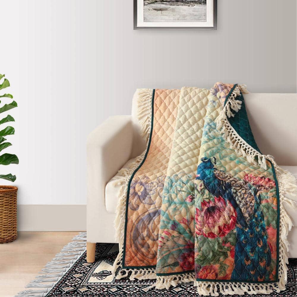 Ufa 60 Inch Quilted Throw Blanket, Blue Microfiber, Peacock, Floral Design- Saltoro Sherpi