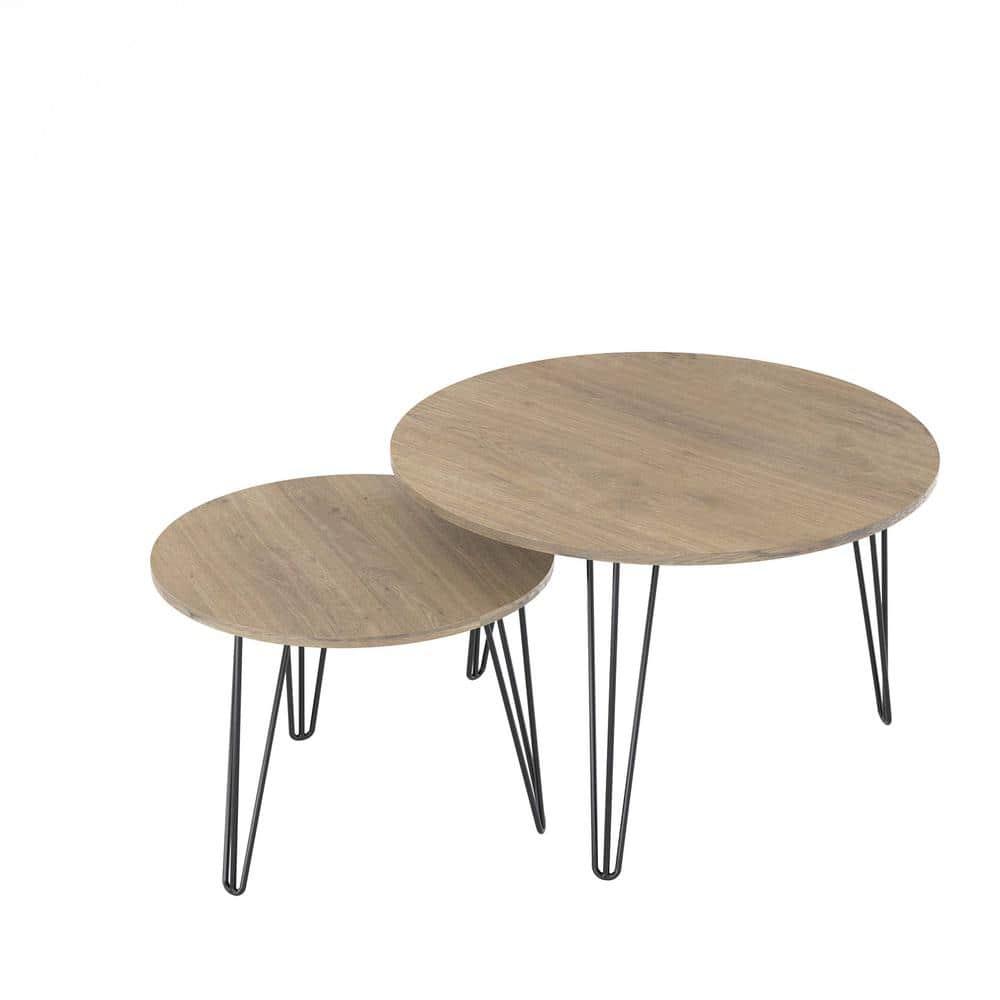 Yesfashion 27.56" Nesting Coffee Table Set Of 2, Modern Round Marble Pattern Wooden Side Tables With Metal Frame, Circular Nesting End Table Set For Living Room