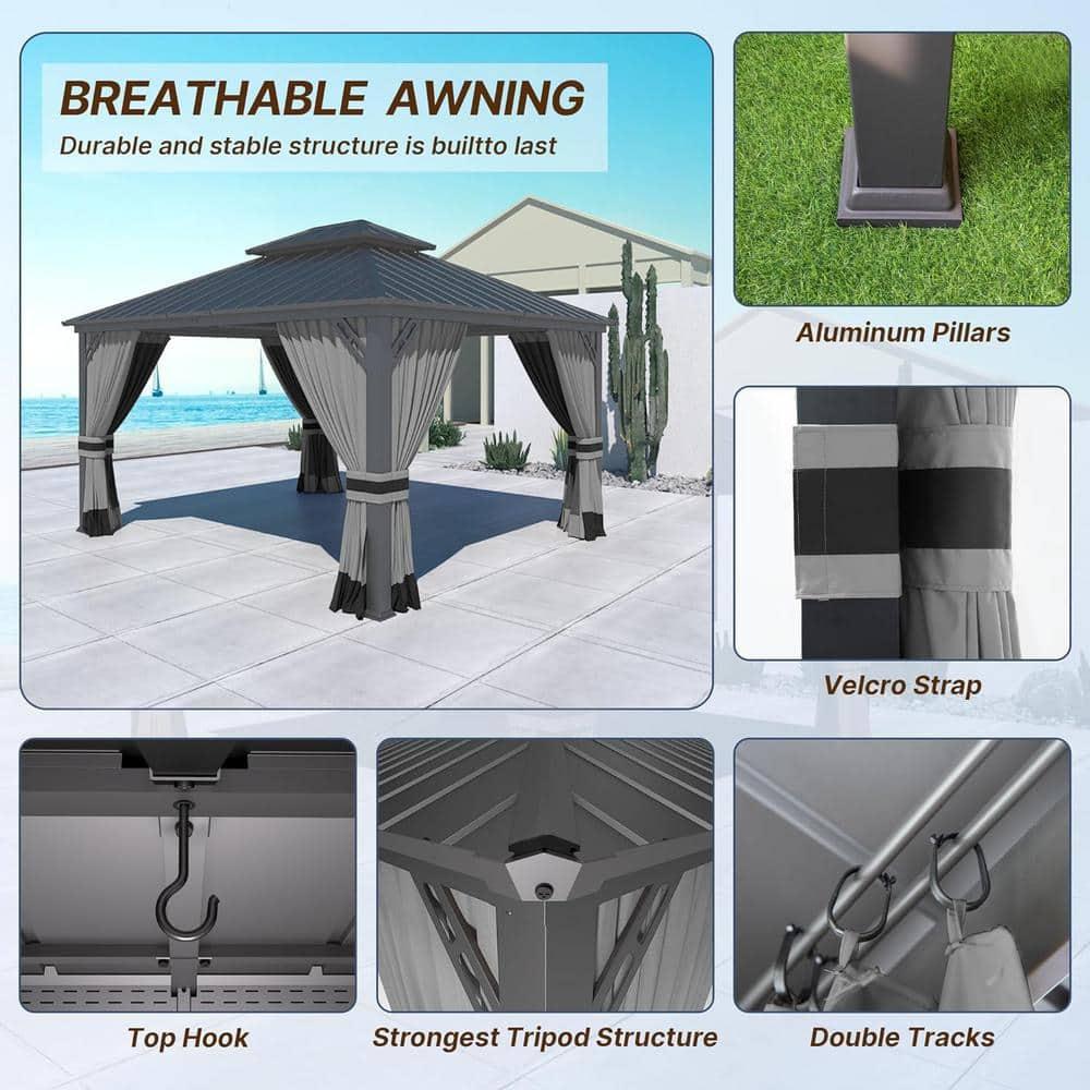 Kozyard Kozyard Alexander Gray Double Roof Hardtop Gazebo with Privacy Curtain Mosquito Netting