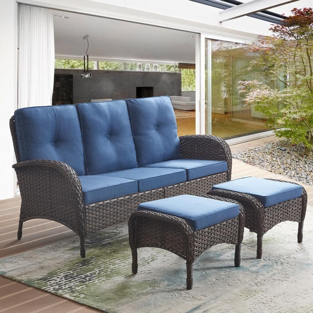 Flat Armrest Series Brown Wicker Outdoor Patio Ottoman with CushionGuard Blue Cushions (2-Pack)
