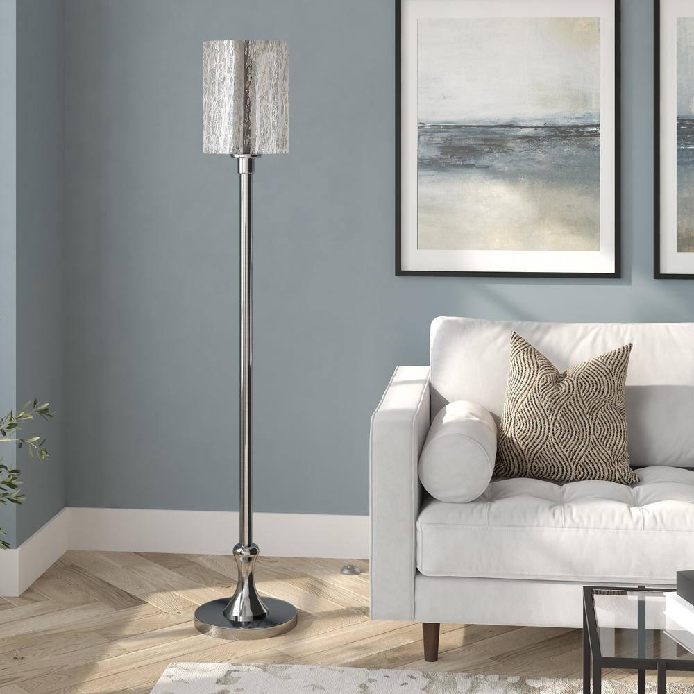 Evelyn&Zoe Numit 68.75" Tall Floor Lamp with Glass Shade, Brushed Nickel/Mercury Glass