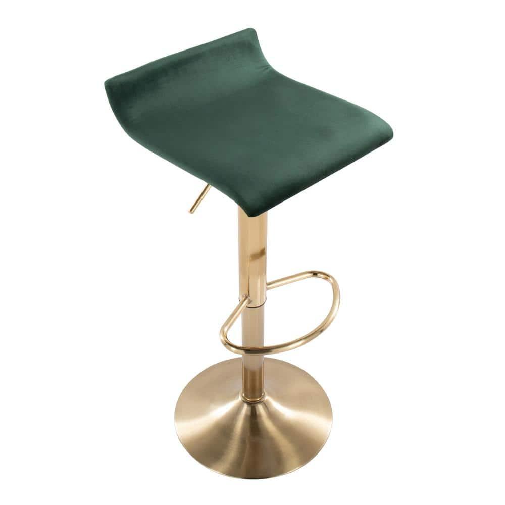 Ale Contemporary Glam Adjustable Height Barstool With Swivel In Gold Brushed Metal And Green Velvet With Oval Footrest -