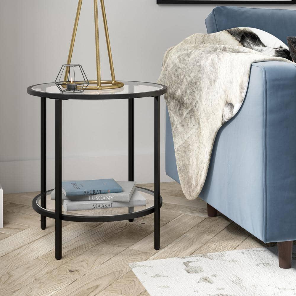Black Bronze Round Side Table with Glass Shelf - Henn&Hart