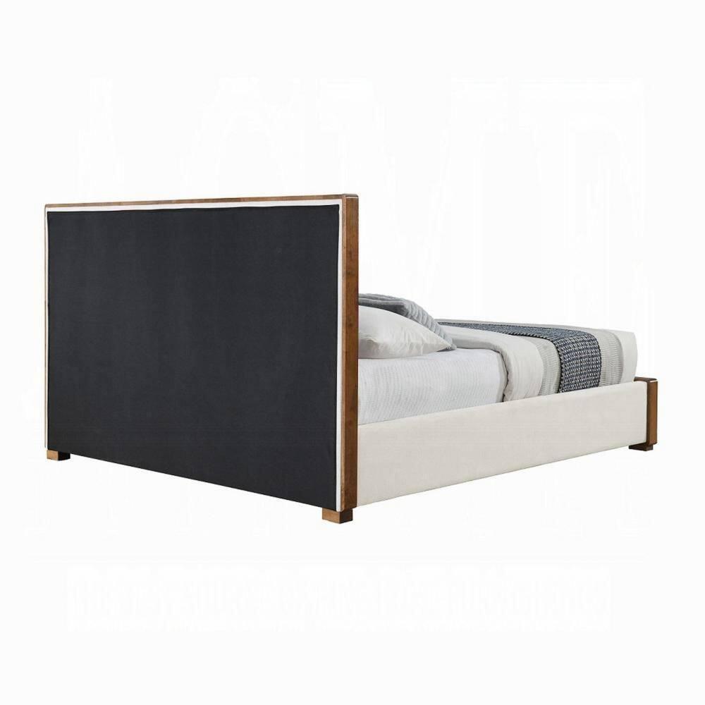 Lesa Queen Bed, Channel Tufted Beige Chenille Upholstery, Walnut Brown