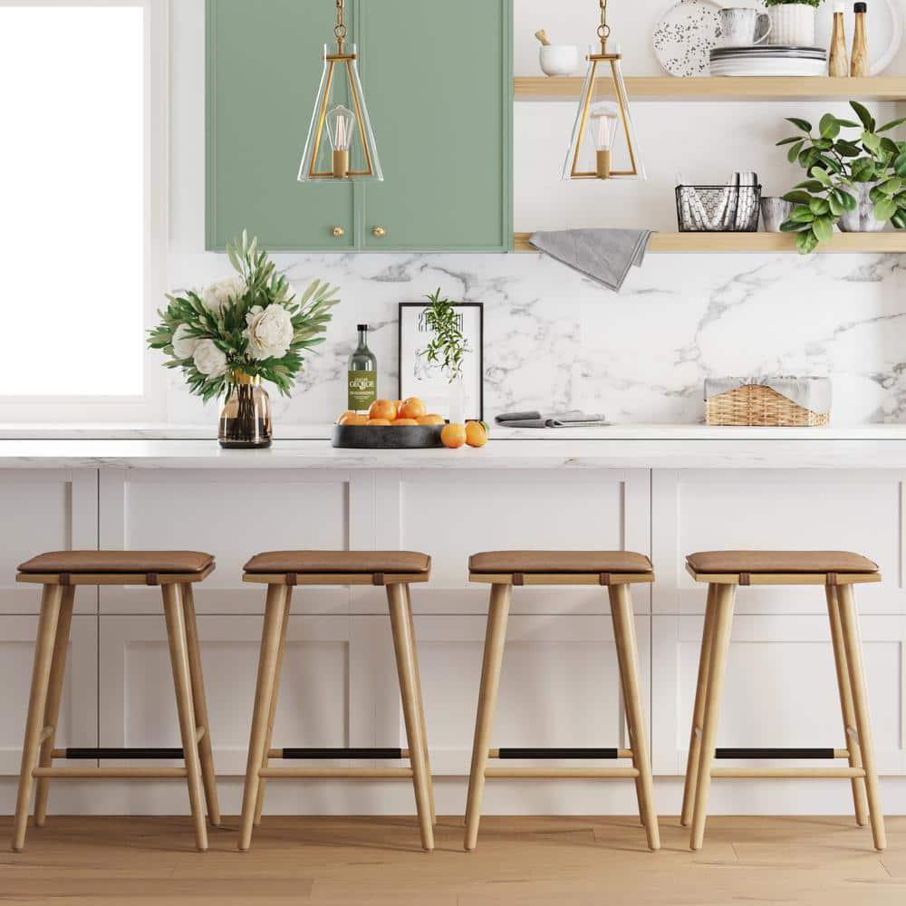 Nathan James Barker Wood Cushioned Counter Height Barstool Warm Pine/Chestnut: Upholstered Rectangle, 250lb Capacity
