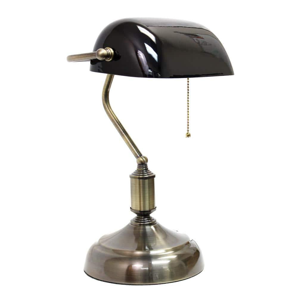 Executive Banker's Desk Lamp with Glass Shade Black - Simple Designs: ETL Listed, Metal Body, Pull Chain