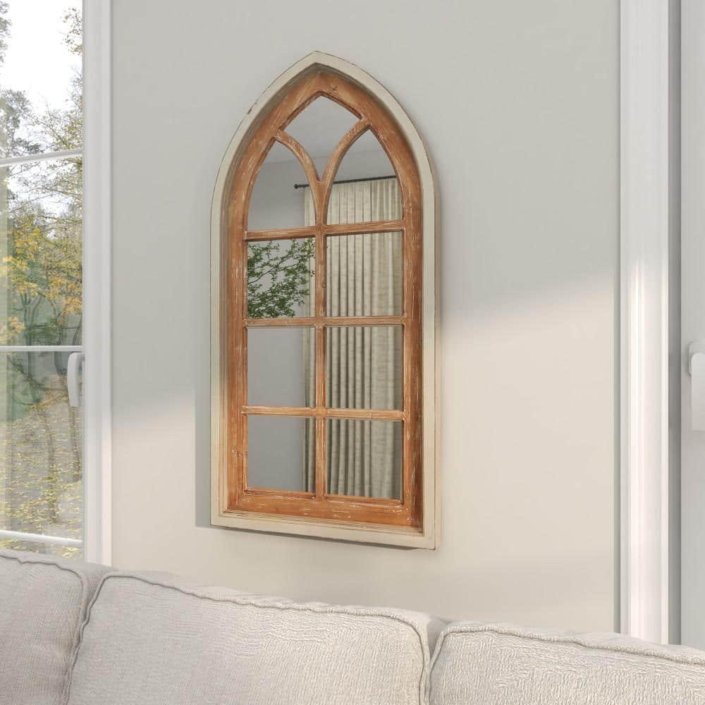 DecMode 26" x 35" Brown Arched Distressed Window Pane Wall Mirror