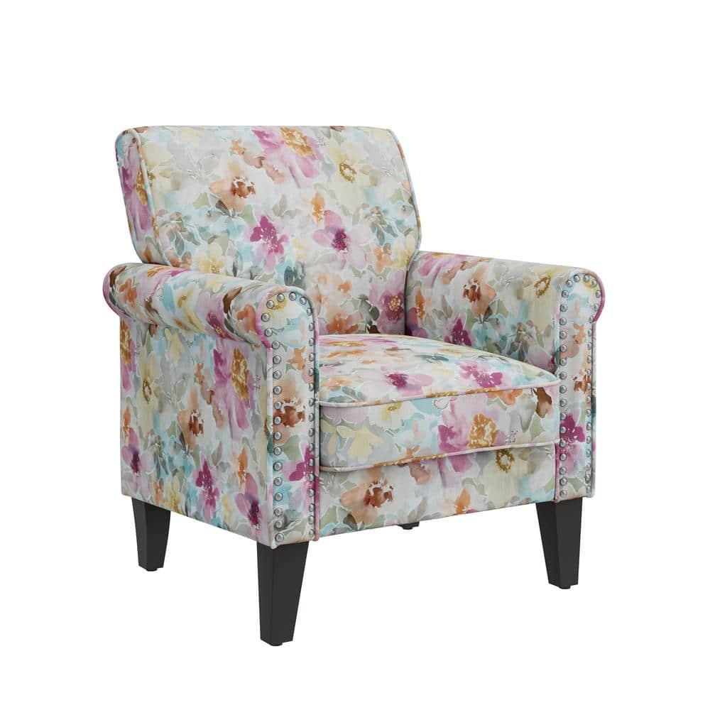 Handy Living Janet Traditional Rolled Arm Accent Chair with Pewter Nailheads Floral Pattern Pink