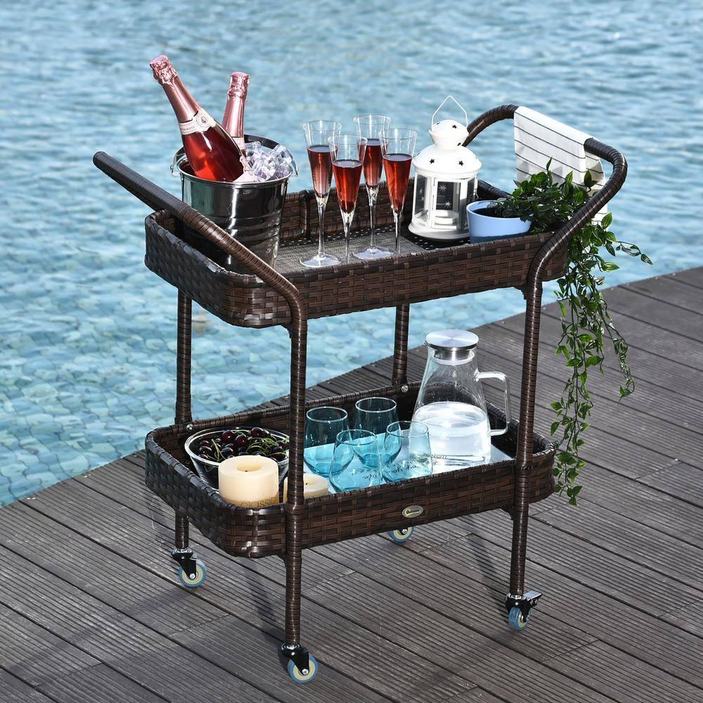 Outsunny Rattan Wicker Serving Cart with 2-Tier Open Shelf, Outdoor Wheeled Bar Cart with Brakes for Poolside, Garden, Patio