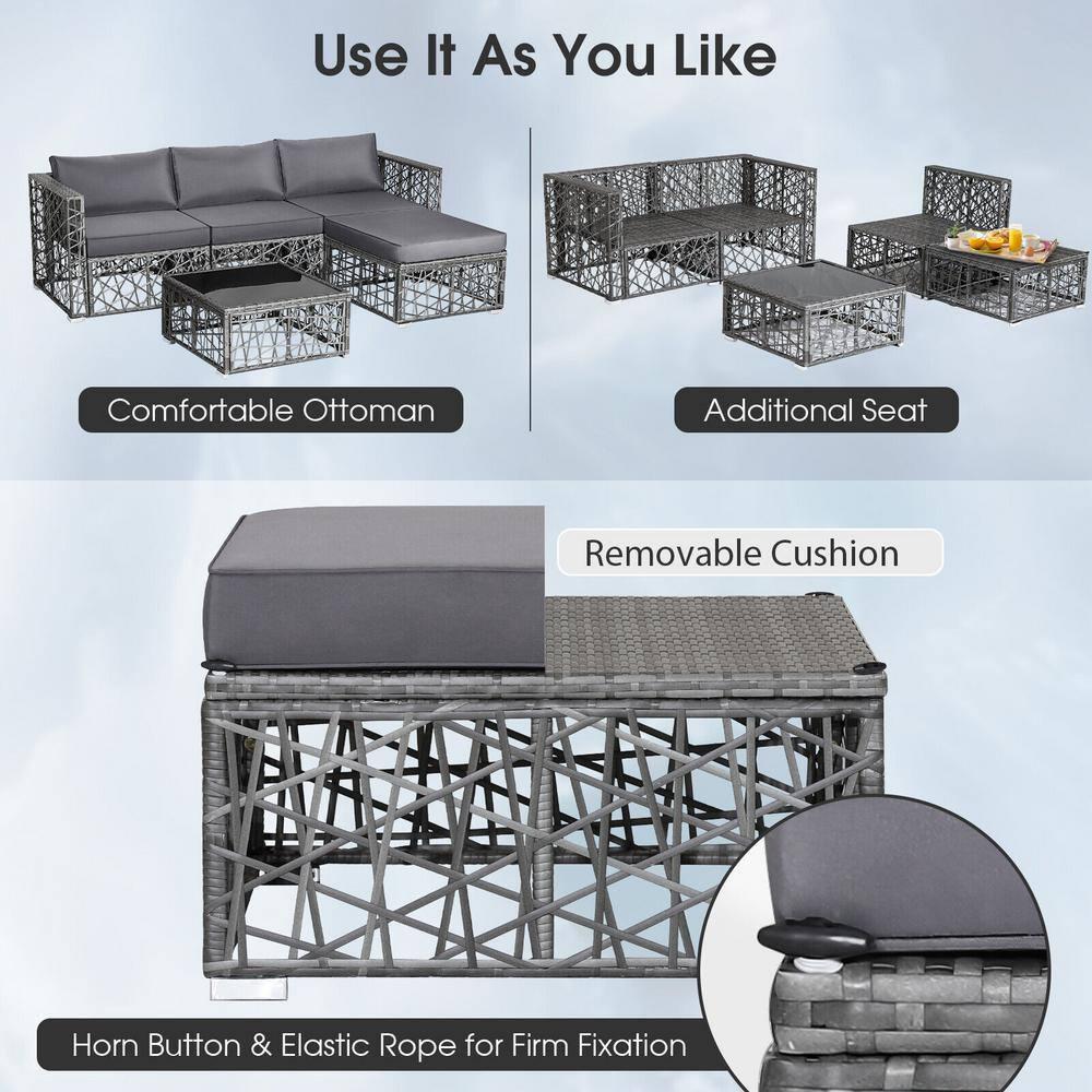 Costway 5 Pieces Patio PE Rattan Wicker Sofa Furniture Set Cushioned  Outdoor Grey