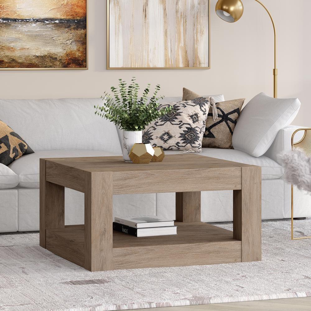 Evelyn&Zoe Hughes 32" Wide Square Coffee Table, Antiqued Gray Oak
