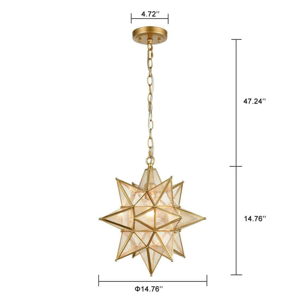 Moravian Star Pendant Chandelier Seeded Glass Gold Light 15 Inches