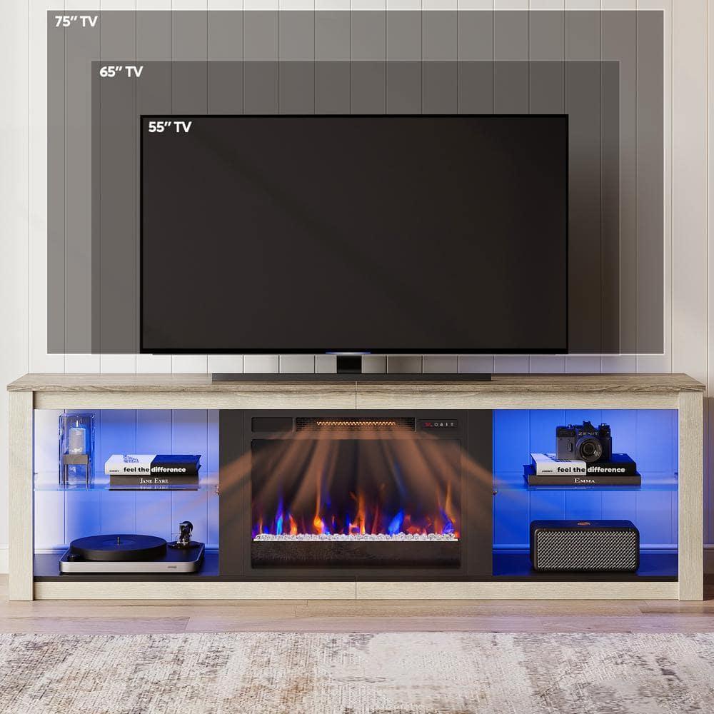 Bestier Modern Electric Fireplace TV Stand Entertainment Center for TVs up to 75" with LED Light and Storage Shelves in Wash White