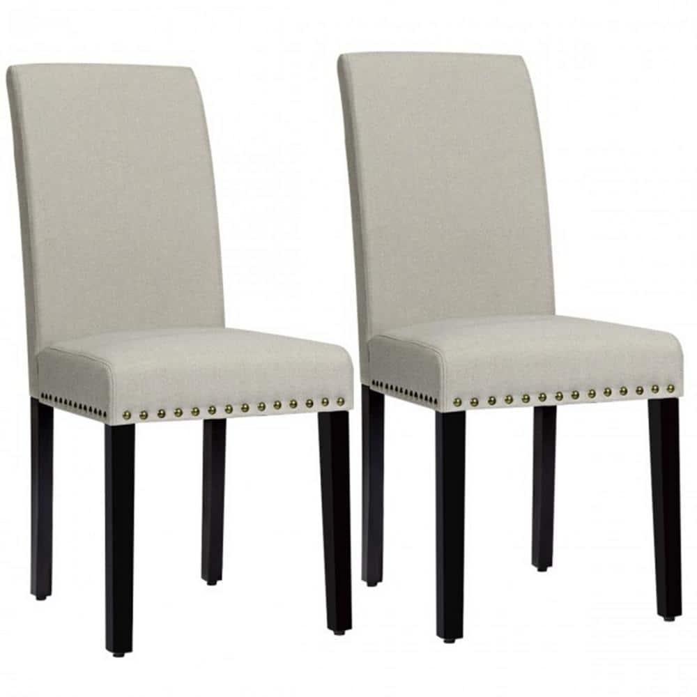 Costway Set of 2 Fabric Dining Chairs Upholstered with Nailhead Trim Beige