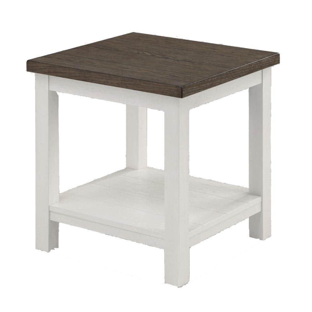Mon 24 Inch Square End Table, Open Bottom Shelf, Brown Top, White Frame- Saltoro Sherpi