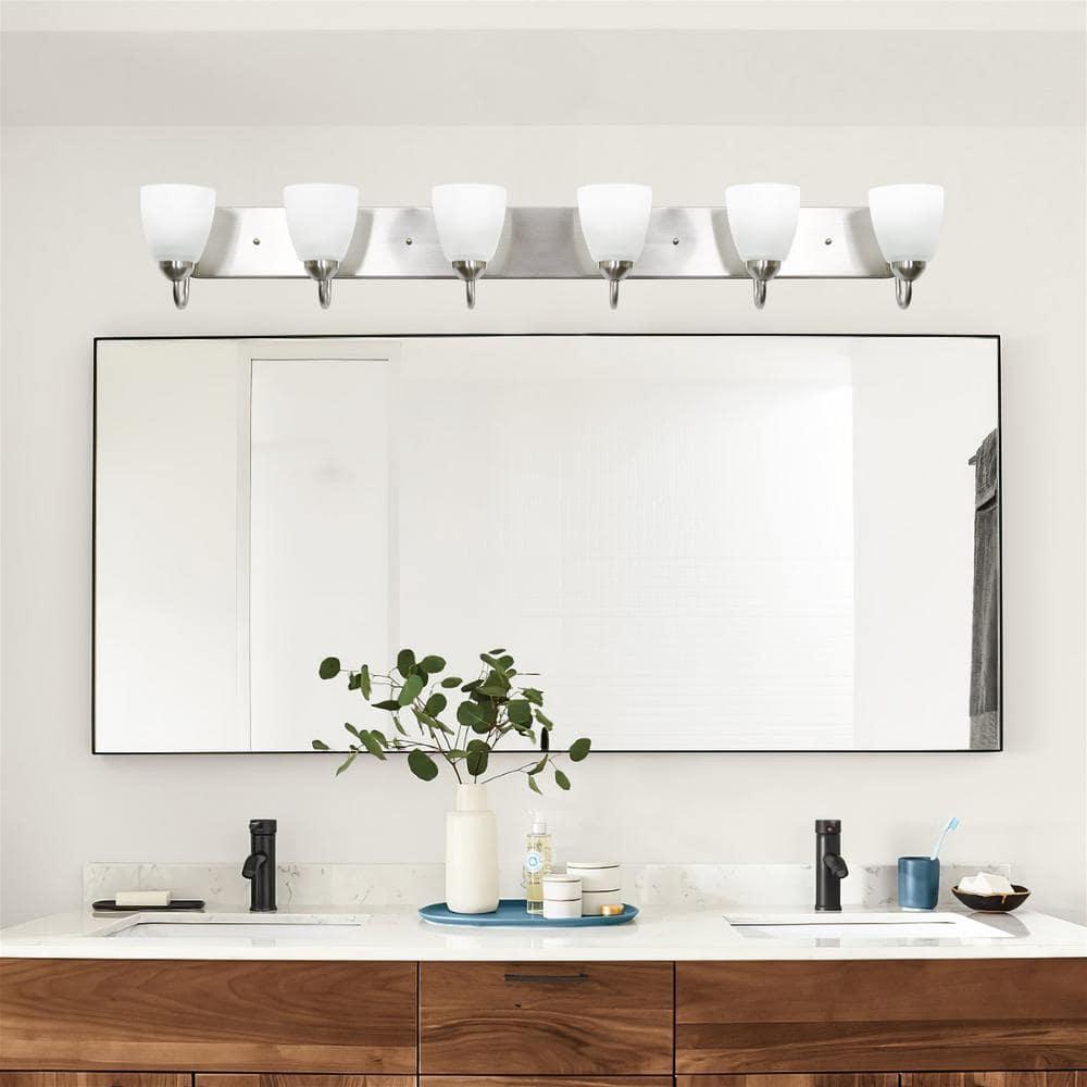 Kira Home Armada 49" 6-Light Over Mirror / Bathroom Light, Frosted Glass Shades, Curved Arms, Brushed Nickel
