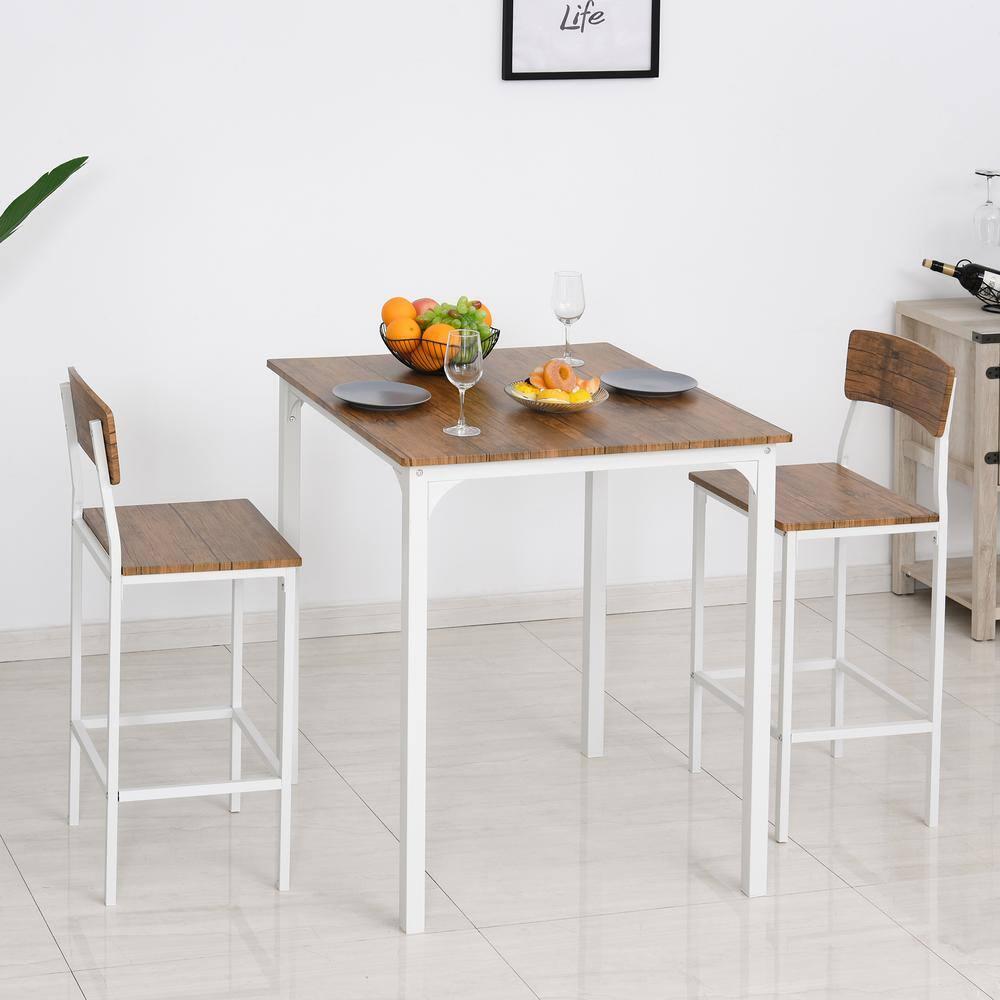 HOMCOM 3 Piece Bar Table and Chairs Set, Industrial Small Dining Table Set for 2, Square Kitchen Table and Stools, Walnut and White