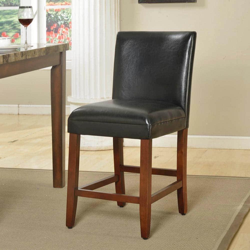 24" Faux Leather Luxury Counter Height Barstool Black - HomePop: Rubberwood Legs, Padded Back