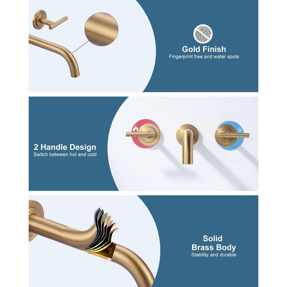 Double Handle Wall Mounted Bathroom Faucet in Solid Brass, Brused Gold