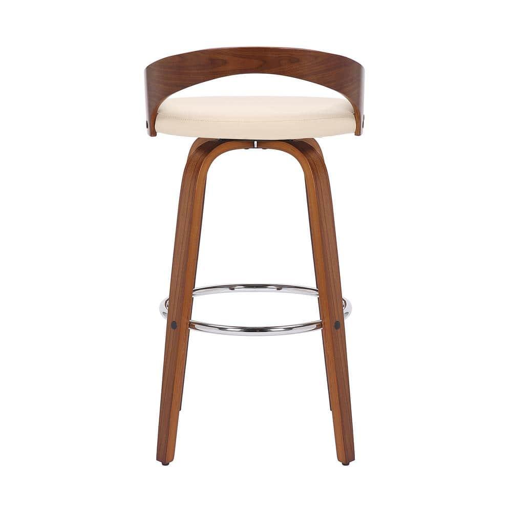 Sonia 26 in.  Counter Height Swivel Cream Faux Leather and Walnut Wood Bar Stool