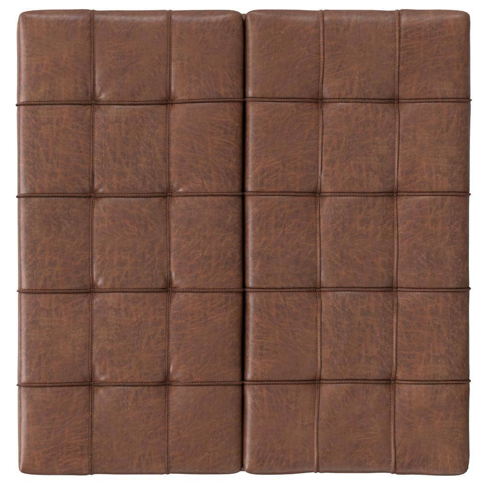 Simpli Home Laura 36 inch Wide Mid Century Square MidÂ CenturyÂ Lift TopÂ Storage Ottoman in Distressed Saddle Brown Vegan Faux Leather