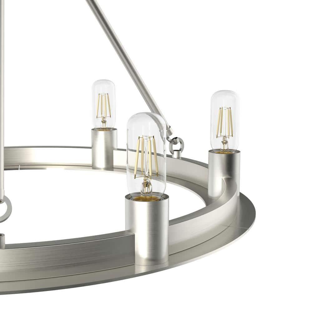 Hunter - Saddlewood 6-light Brushed Nickel, Large Chandelier, Dimmable, Casual Style, Wagon Wheel Shaped, for Bedrooms, Kitchens, Dining, Living Rooms - 19034