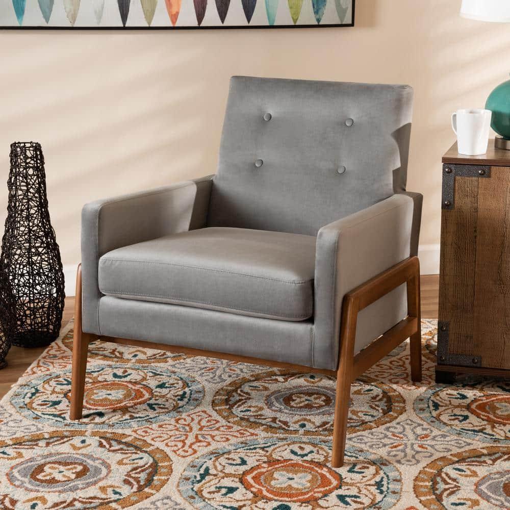 Perris Mid-Century Modern Velvet Fabric Upholstered Wood Lounge Chair Gray - Baxton Studio: Comfy Seating for Living Space