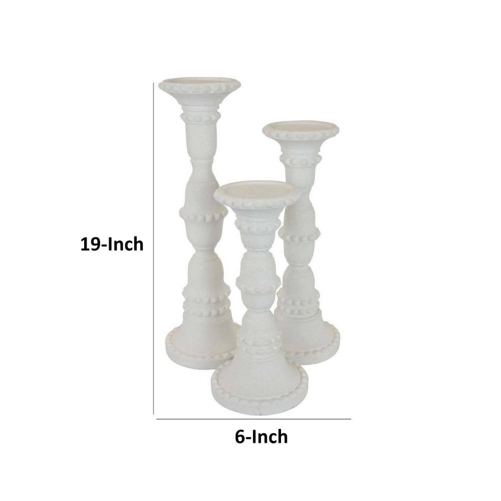 Benjara Accent Candle Holder Set of 3, Tall Pillars, Heavy Base, White Resin
